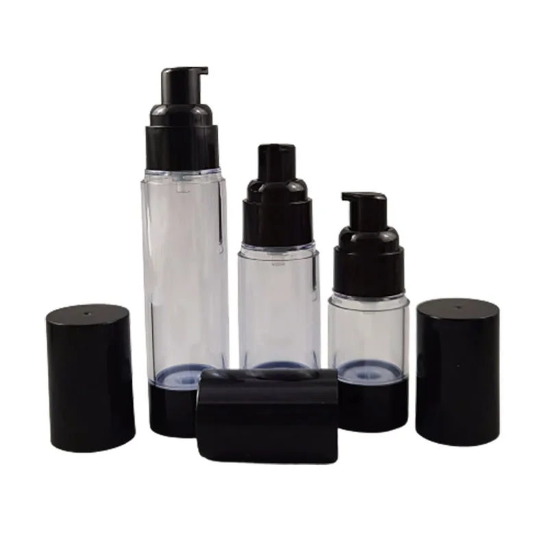 

12 x 15ML 30ML 50ML Refillable AS Cosmetic Airless Cream Bottles Plastic Treatment Pump Lotion Containers with Black Lids