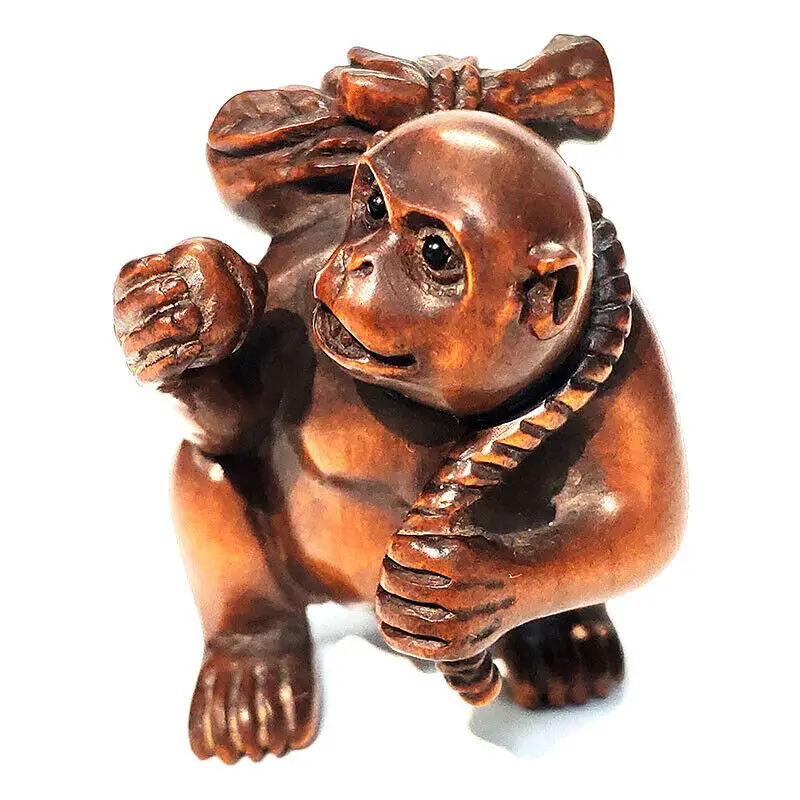 

Collectible 2 INCH Japanese Boxwood 20 Years Old Hand Carved Netsuke Sculpture Miniature Laughing Smart Monkey - #ZY7766