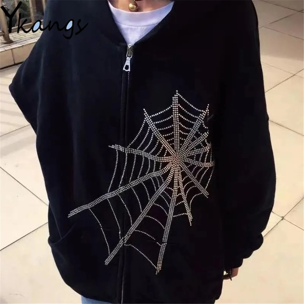 

Rhinestone Cobweb Decoration Black Zipper Sweatshirt Harajuku Gothic Fashion Women Coat Streetwear Loose Long Sleeve Outwear Top