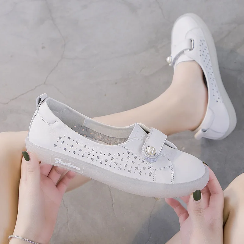 2020 г. летняя дышащая новая женская обувь кожаные маленькие белые туфли на полой