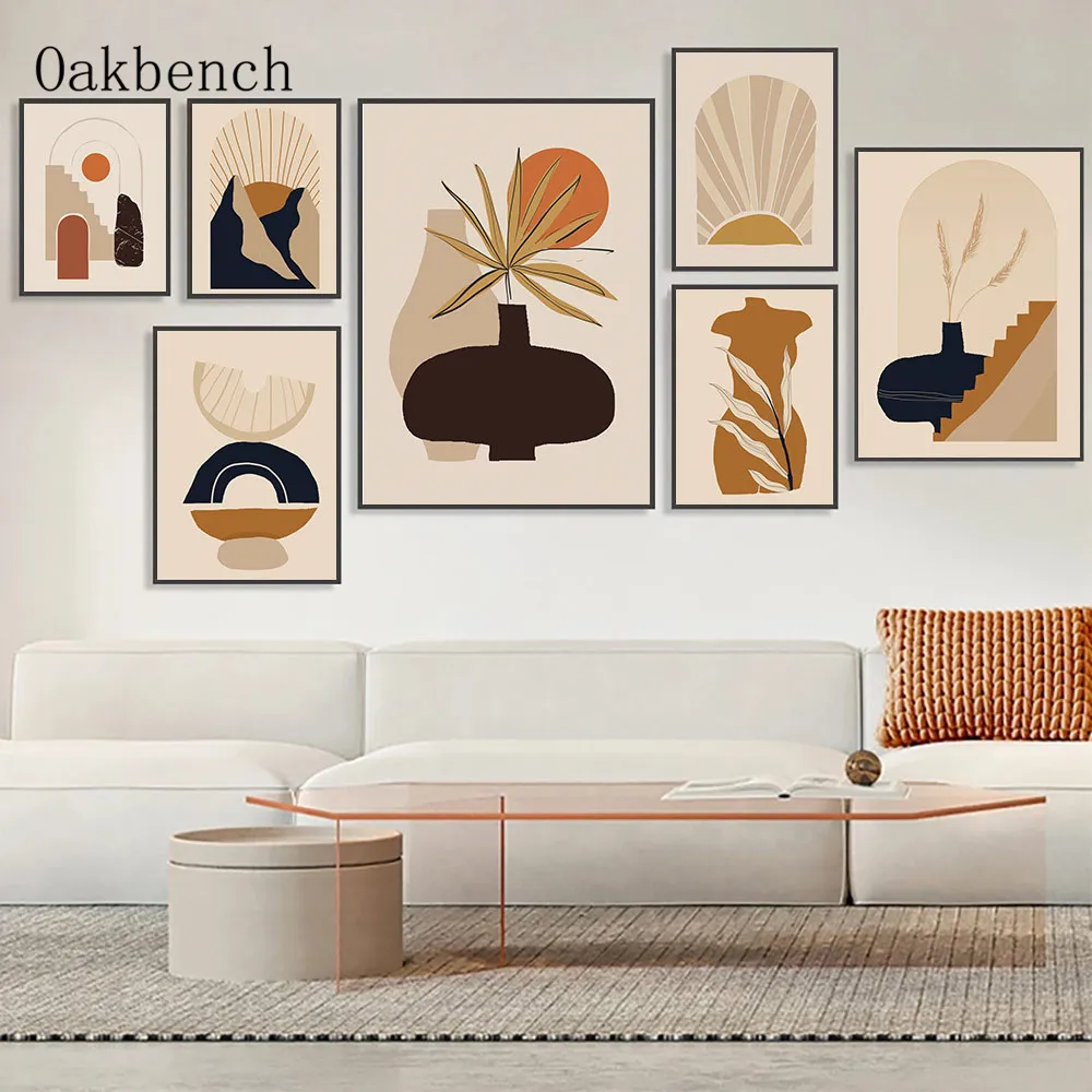 

Boho Wall Poster Abstract Canvas Painting Vase Leaves Art Print Sun Posters Vintage Wall Pictures For Living Room Home Decor