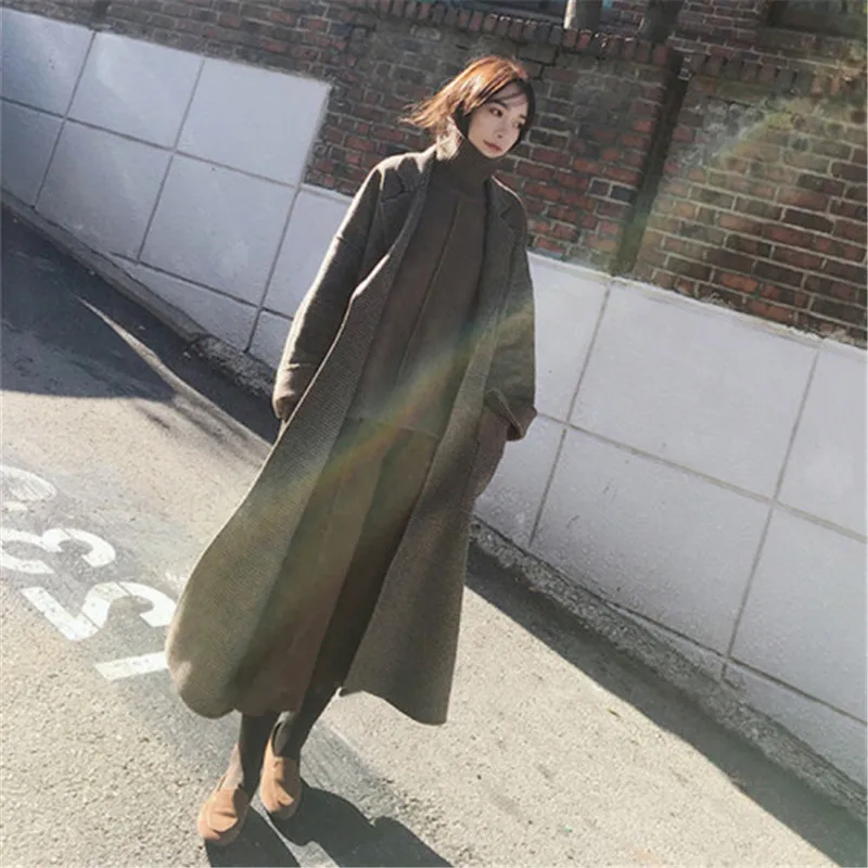

Vintage Long Double-faced Wool Coat Women Elegant Belted Warm Autumn Winter Coat Retro Plaid Wool Jacket Plus Size High Quality