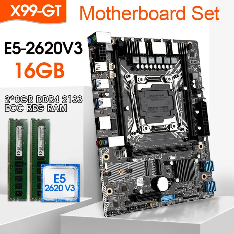 

Комплект материнской платы X99 GT, процессор E5 2620V3 LGA2011-3 2 шт. * 8 ГБ = 16 Гб 2133 МГц DDR4 память ECC REG, M.2 WIFI,NVME M.2 слот
