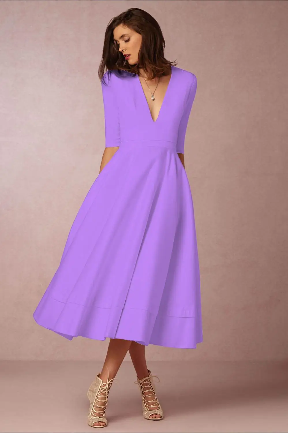 

Linglewei New Spring and Summer Women's Dress sexy deep V middle sleeve dress medium long dress