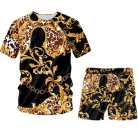 ifpd summer mens sets baroque style tops and shorts 2 pcs set 3d print golden floral luxury tracksuit oversize 6xl dropshipping