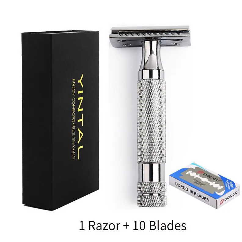 1 razor 10 blades YINTAL, бритва с двойными краями, Мужская бритва из серебряного медного сплава, нескользящая ручка, Мужская Ручная бритва - Цвет: 1 razor 10 blades