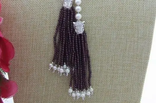 

40" 8 mm White Pearl red Garnet Pendant Necklace