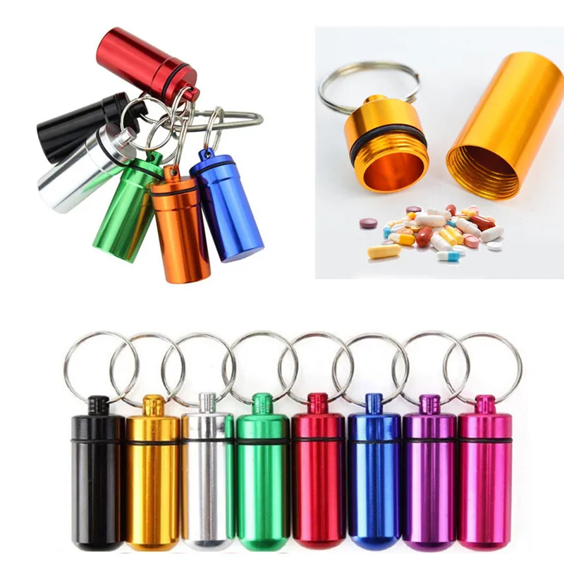 

Mini Waterproof Aluminum Pill Container Cache Drug Box with Keychain for Camping Travel Portable Pill Capsule Outdoor Tool