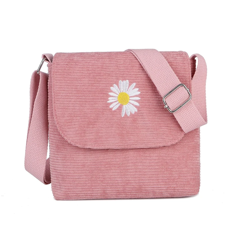 

Women Stripe Corduroy Crossbody Bags Daisy Embroidery Canvas Zipper Shoulder & Messenger Bag Phone Coin Money Handbags For Girls