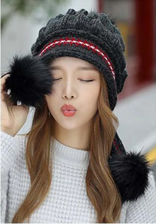 Dark gray hat Зимняя шапка с кроличьим мехом, перчатки, шарф, наборы, утолщенная плюшевая шерсть, теплая шапка s, женская вязаная шапка, уличная ветрозащитная Ушная Лоскутная широкий берет-Боб - Цвет: Dark gray hat