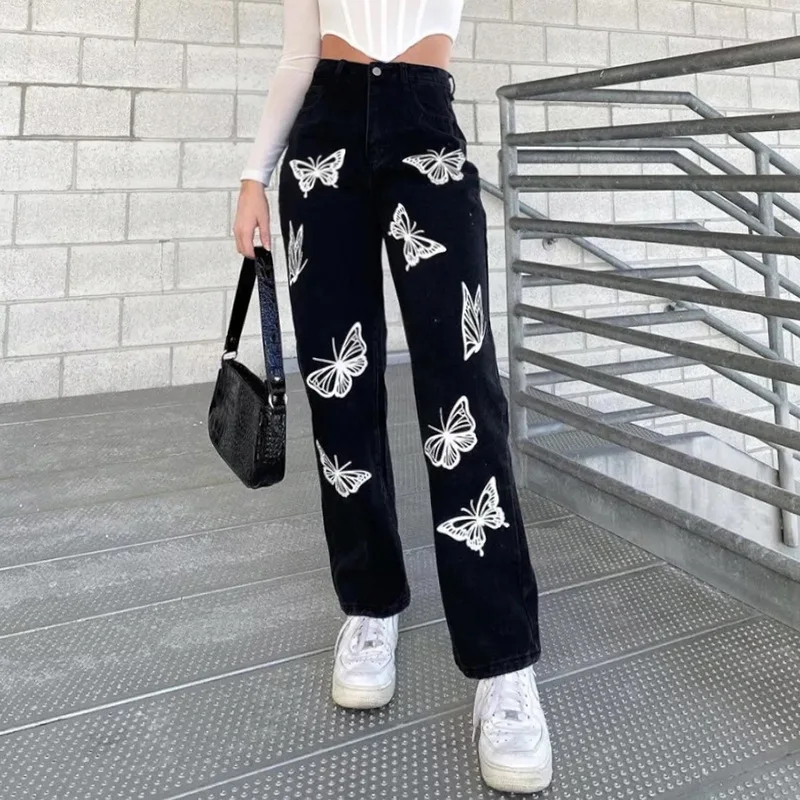 

Fashion Women Pants High Waist Butterfly Print Pants Stylish Women Straight Leg Trousers Autumn New Lady Button Denim Black