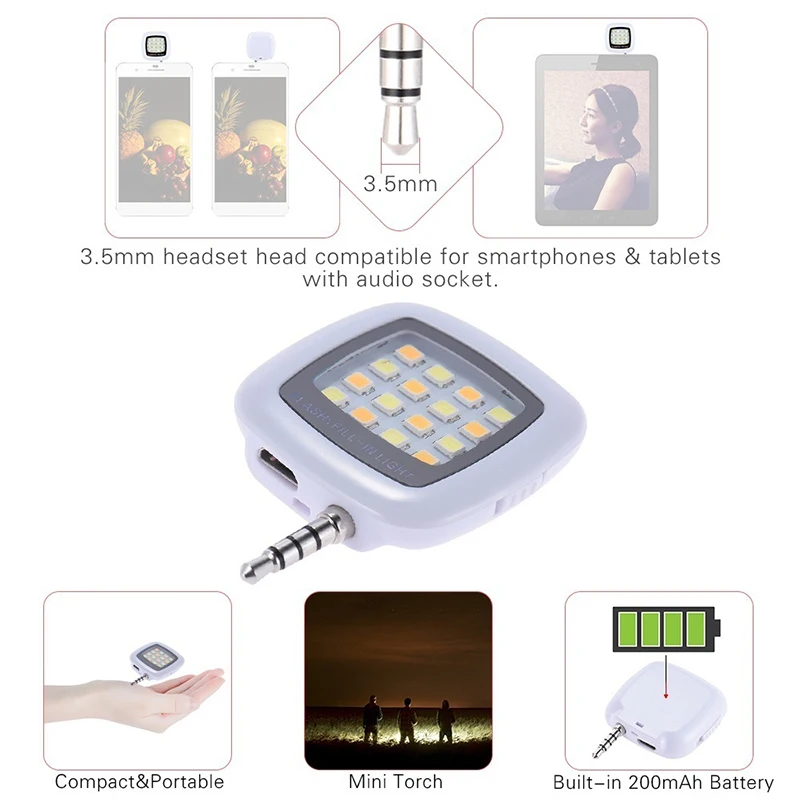 

Mobile Phone LED Fill Light Adjustable Flash Light For iPhone Android Phones Mini Selfie Sync Flashlight 16 LED Lights Beauty