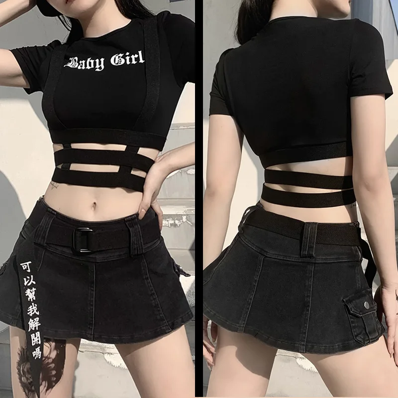 

Goth T-shirt Y2k Letter Printing Crop Top Hollow Out Harajuku Moto T Shirts Vintage Punk Tees Round Neck Girl Club Bar Sexy Tops