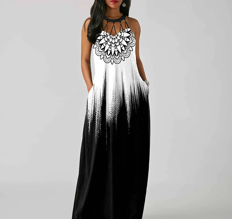 

2021 Summer Sexy African Women Printing Sleeveless Pocket Plus Size Long Dress