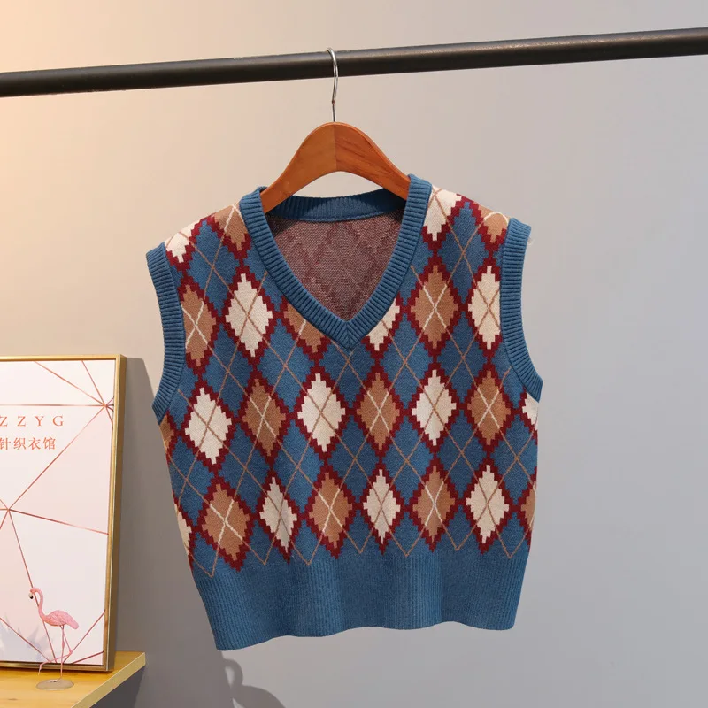 Женский винтажный трикотажный свитер в клетку с V-образным вырезом |
