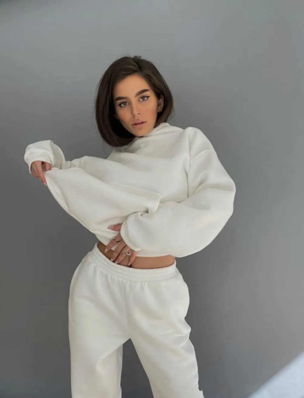 

Donsignet Fashion Women Suit Knitted Solid Color Sweater Casual Hooded Collar Pullover Long Trousers Sports Two-piece Suit Women