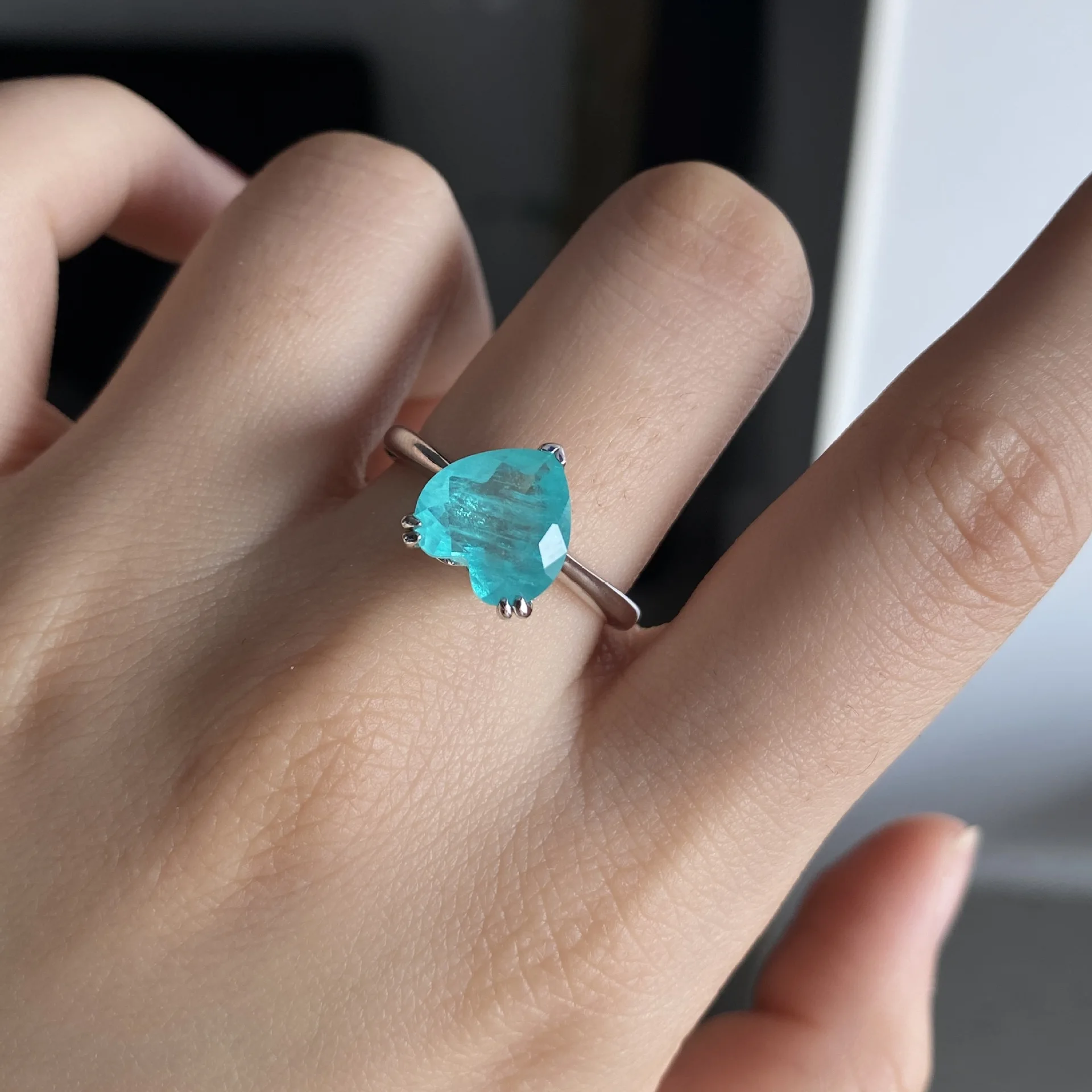 

Tiny100%925 7.5CT 10*10MM Silver Heart Paraiba Tourmaline Gemstone Engagement Diamond Ring Fine Jewelry Gifts