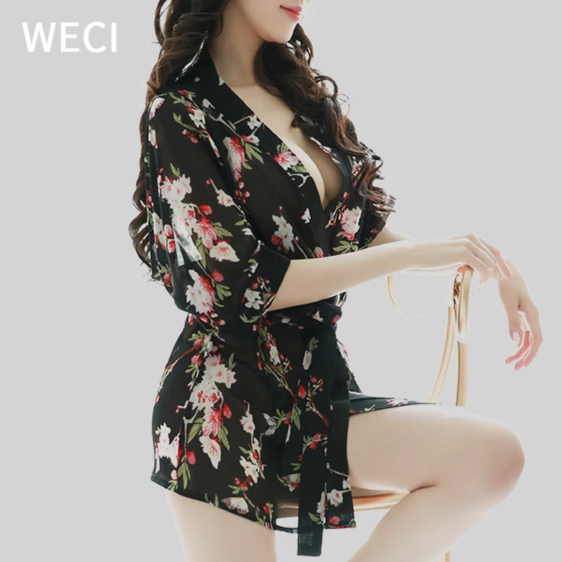 Женская летняя ночная рубашка WECI Пижама атласное кимоно шелковая пеньюар