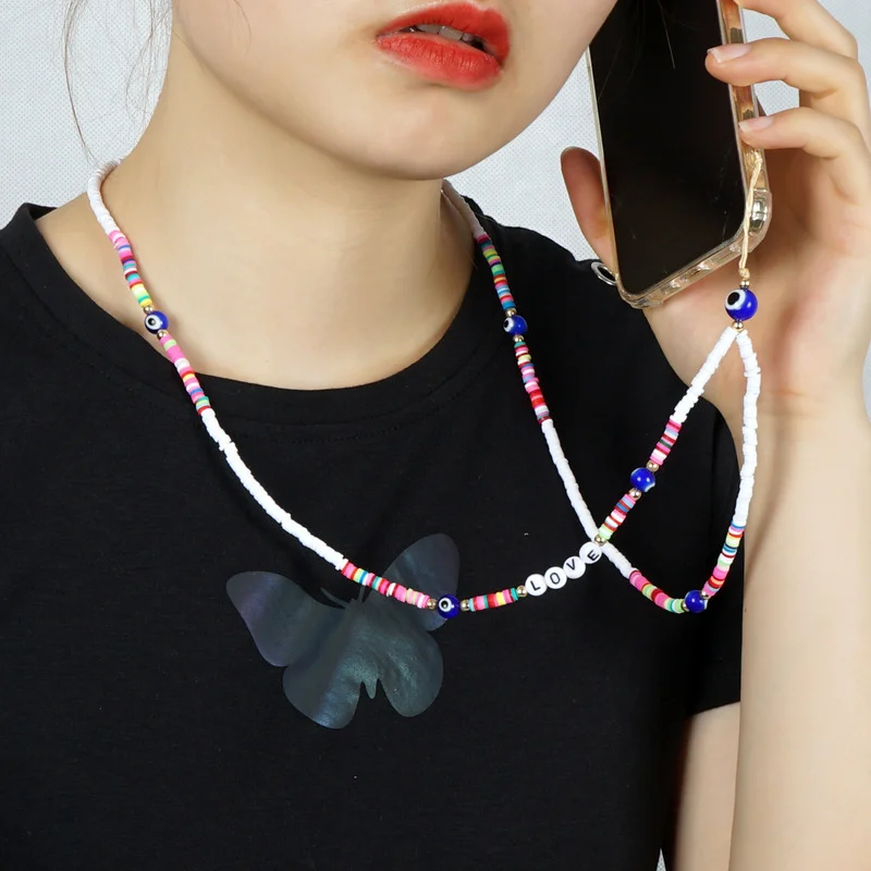 

Summer Boho Beach Phone Charm Beaded ChainsPendants for Mobile Strap Clay Necklace Telephone Jewelry Long Neck Chain Lanyard