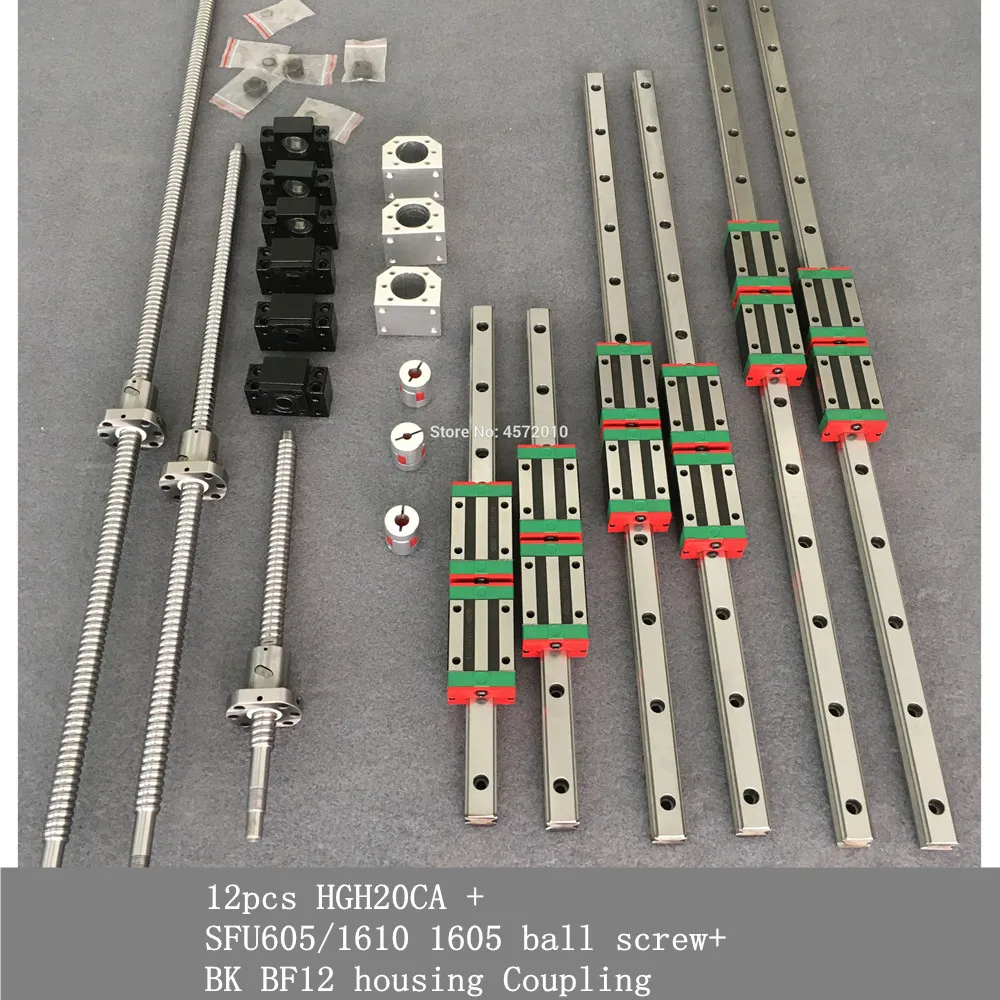 

CNC set HGR20 Square Linear guide sets 12pcs HGH20CA +SFU605/1610 1605 ball screw+BK BF12 housing Coupling for Spindle motor kit