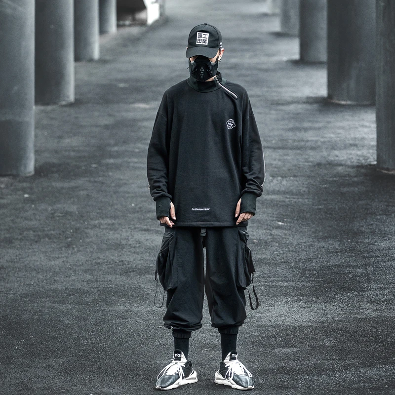 

Techwear Black Side Zipper Turtleneck Autumn Casual Hoodies Sweatshirts Men Japanese Tooling Hip Hop Pullover Male Loose Top