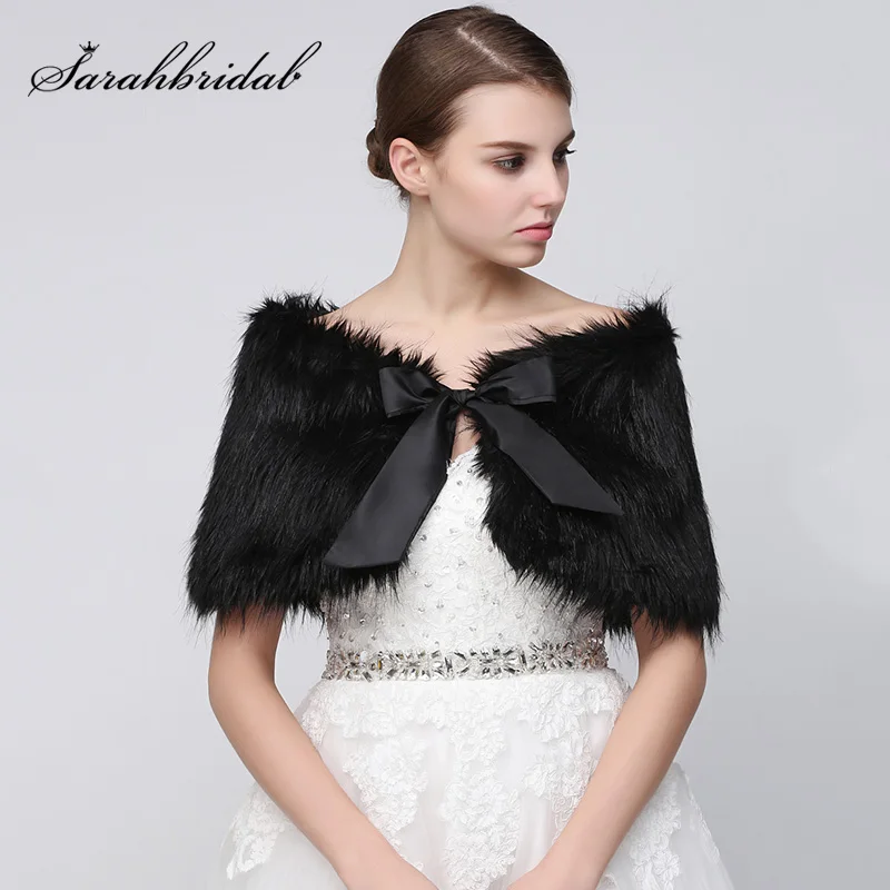 

In Stock Elegant Wedding Bridal Wraps Black Faux Fur Ladies Cloaks Winter Bride Shawls Bow Party Casual Accessories Bolero 17001