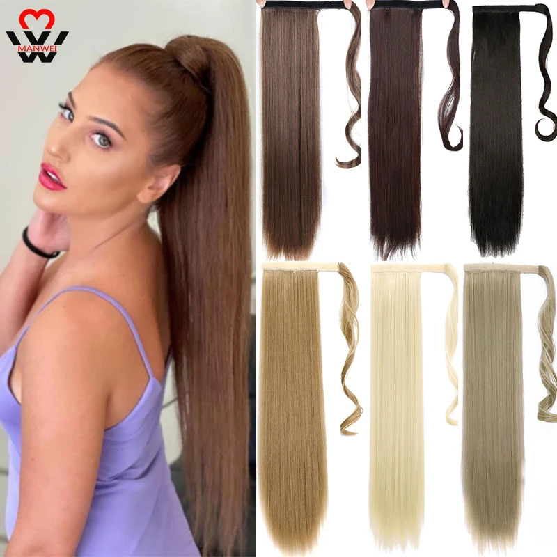

MANWEI 24Inch Women Black Long Straight Ponytail Hair Synthetic Extensions Heat Resistant Hair Wrap Around Pony Hairpiece