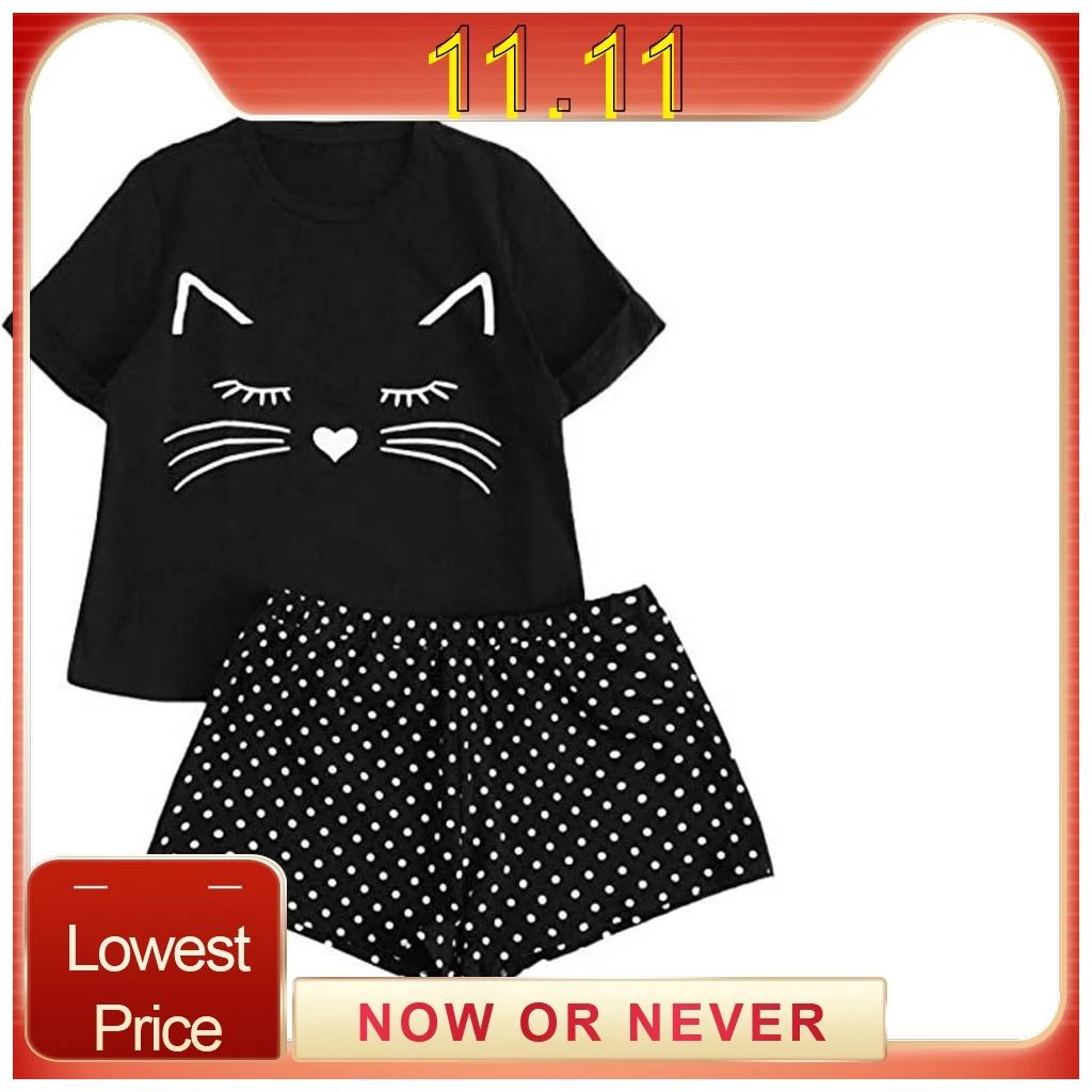 Cute pajamas sets several colors cat printed cotton fashional women pajama sets hot selling nachtkleding vrouwen