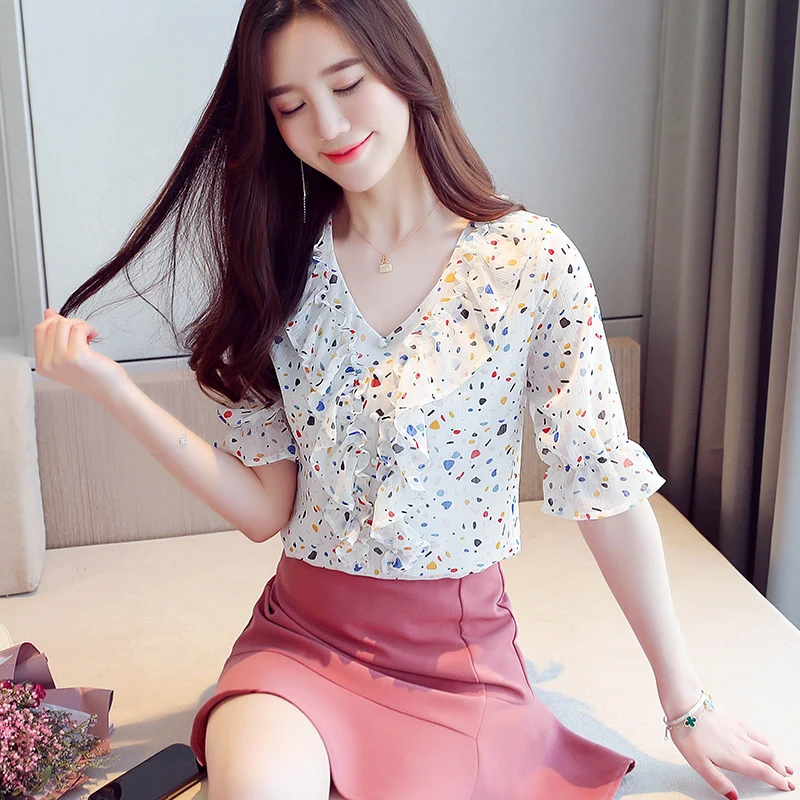 Блузка Для женщин Blusas Mujer De Moda 2020 Блузы с v-образным вырезом платья рюшами принтом