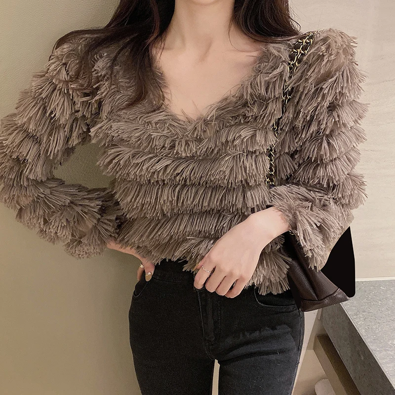 Gaganight модная женская футболка с кисточками длинным рукавом и v-образным вырезом