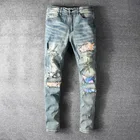 Хай-стрит, из кусков, синие джинсы Для мужчин 2021 в стиле хип-хоп с дырками Зауженные джинсы брюки Для мужчин Мода вечерние Клубные Calsas Masculina