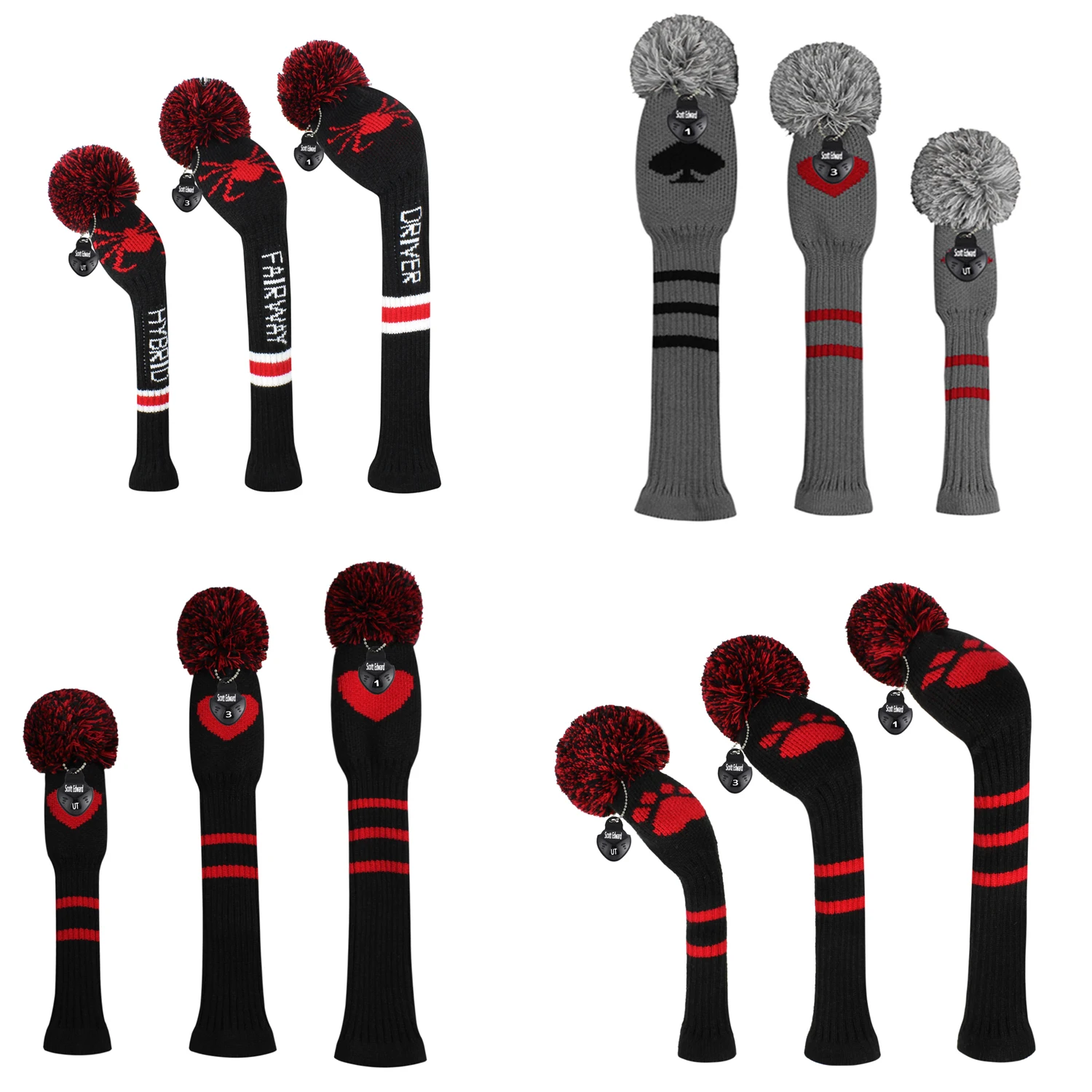 

3 шт./компл. головные уборы для гольф-клуба, вязаный протектор с длинным воротником и помпоном в виде черного красного сердца для водителя, ги...