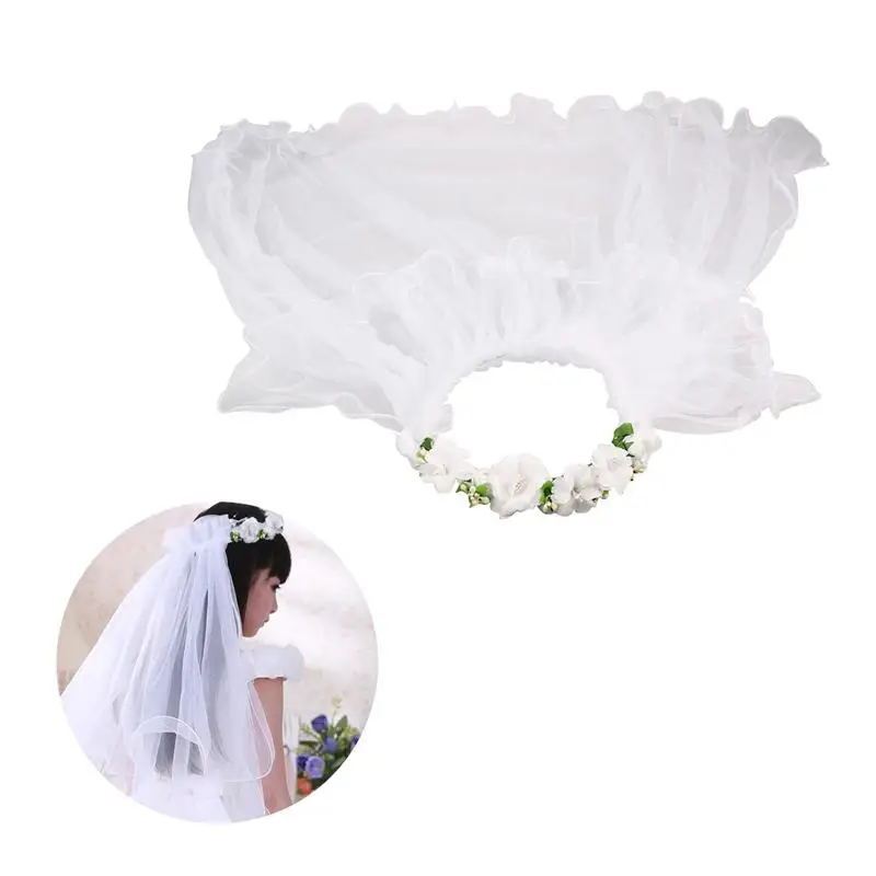 

Flower Girl Veils Two Layers White Wedding Communion Hair Wreath (White)