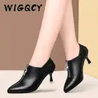 Новые модные женские туфли со стразами на высоком каблуке; Сезон весна-осень; Элегантные черные туфли-лодочки на тонком каблуке с острым носком