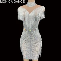 women stage silver rhinestone white fringe short dress birthday celebrate transparent mesh outfit dancer bar prom dress