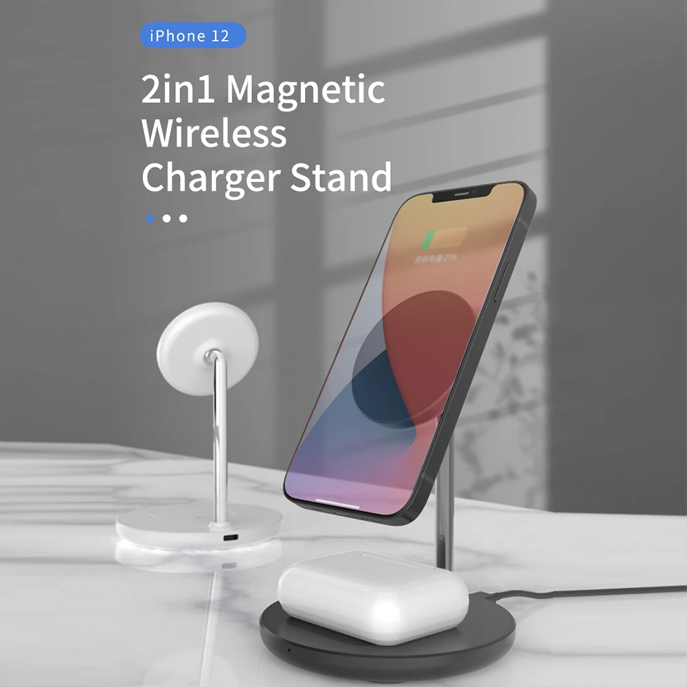 bonola 2 in 1 magnetic wireless charger for iphone 12 pro 11samsung s21 note 15w wireless charger for apple airpodssamsung bud free global shipping