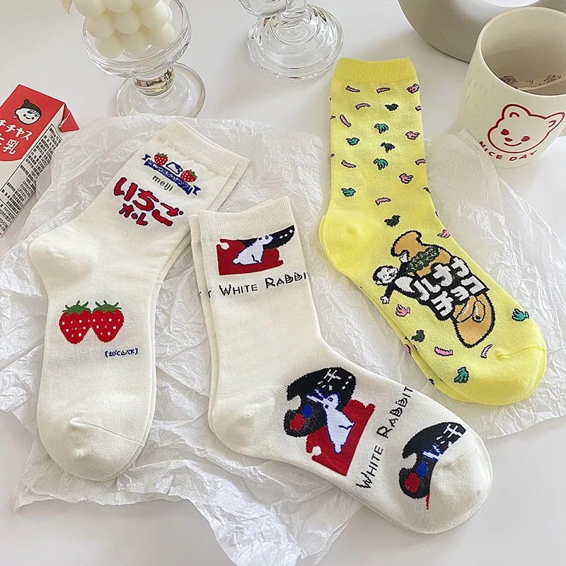 

Woman socks Korean style trend cute socks Japanese cartoon rabbit strawberry banana cheese fries popcorn in tube socks