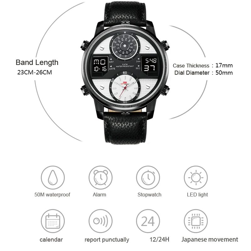 Мужские спортивные часы роскошные кожаные водонепроницаемые цифровые с большим