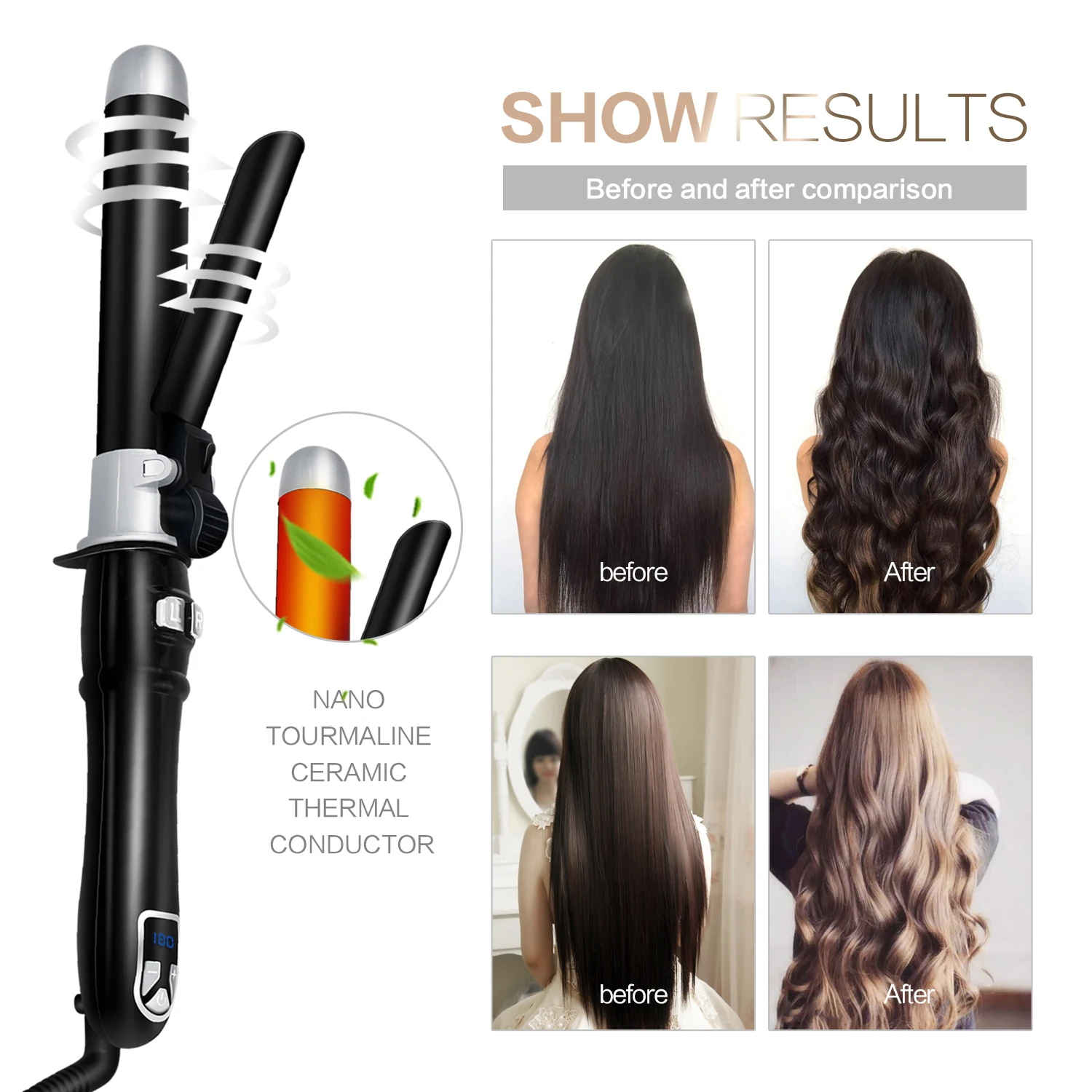 

2 in 1 Rotating Styler Curling Iron Wand Hair Curler Electric Spiral Ceramic Roller Fast Heating Curling Iron Wand Auto Styling