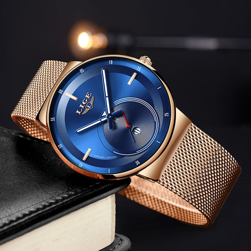 LIGE наручные часы для женщин роскошные женские из розового золота кварцевые