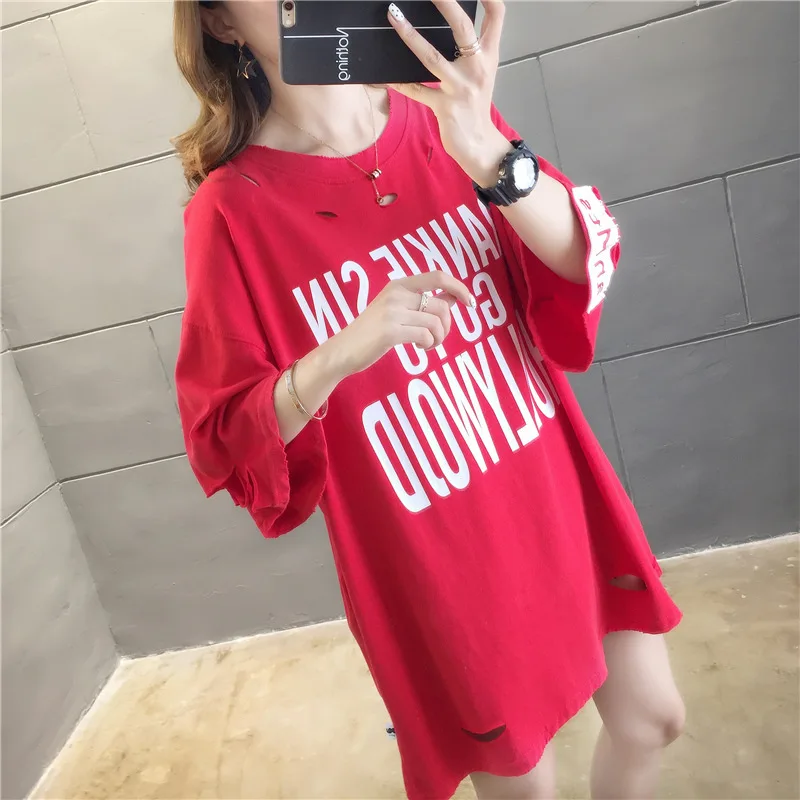 

Summer 2022 New Fashion Casual Hip Hop Korean Cut Hole Patch Girls Students Short Sleeve T-shirt Women's Top