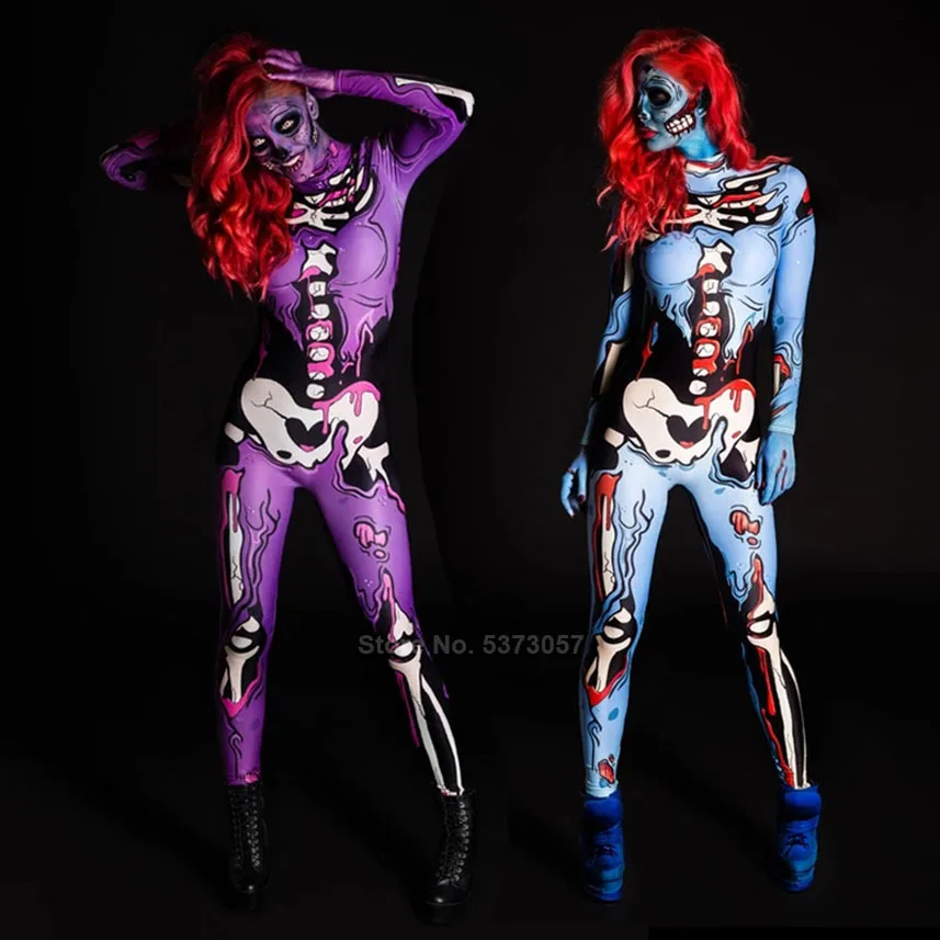 

Skeleton Ghost Scary Costumes For Women Halloween 3D Printing Sexy Tight Bodycon Jumpsuit Bodysuit Horror Gothic Cosplay