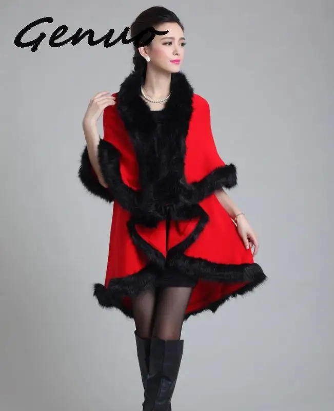 

Genuo Autunm Winter New Women Knitted Wool Fox Fur Shawl Cape Double Poncho Cashmere Fur Pashmina Cappa Noble Party Dress Coat
