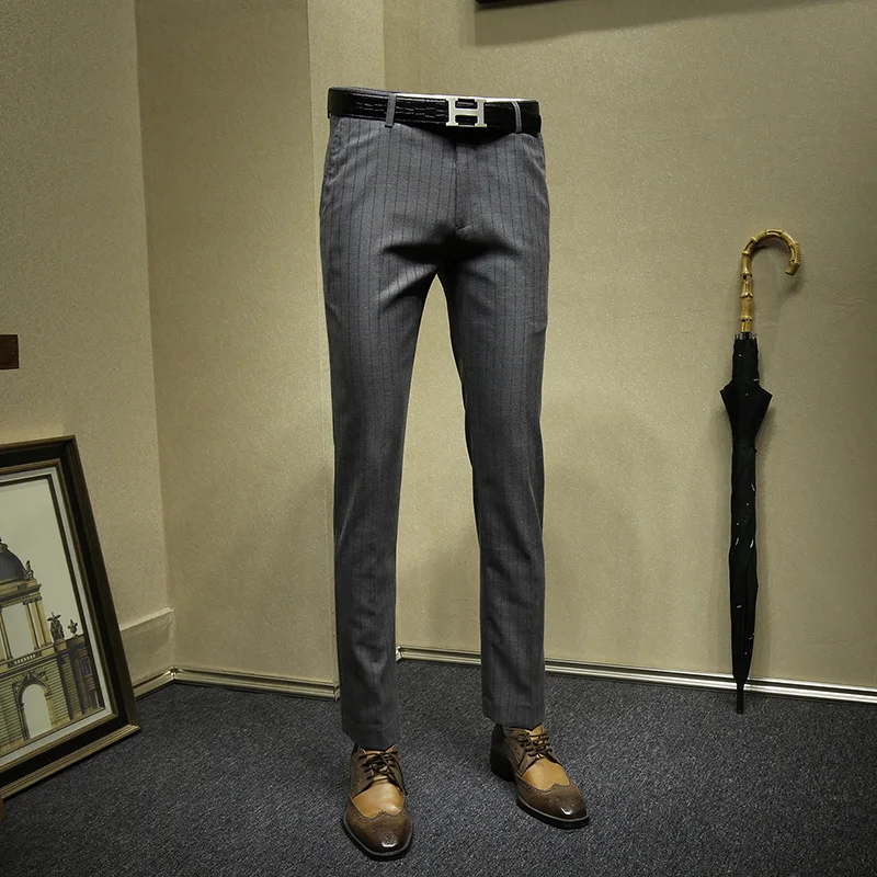 Брюки мужские в серую полоску облегающий костюм брюки строгие для деловых мужчин
