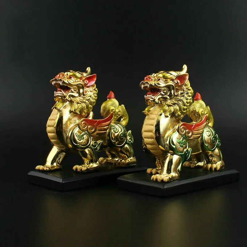 Китайская Смола Gild Fengshui Животное Kylin Chi lin Qilin Единорог Rui чудовище пара|Статуи и