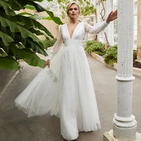 elegant floor length long sleeve wedding dress 2021 a line deep v neck tulle button back sweep train bridal gowns