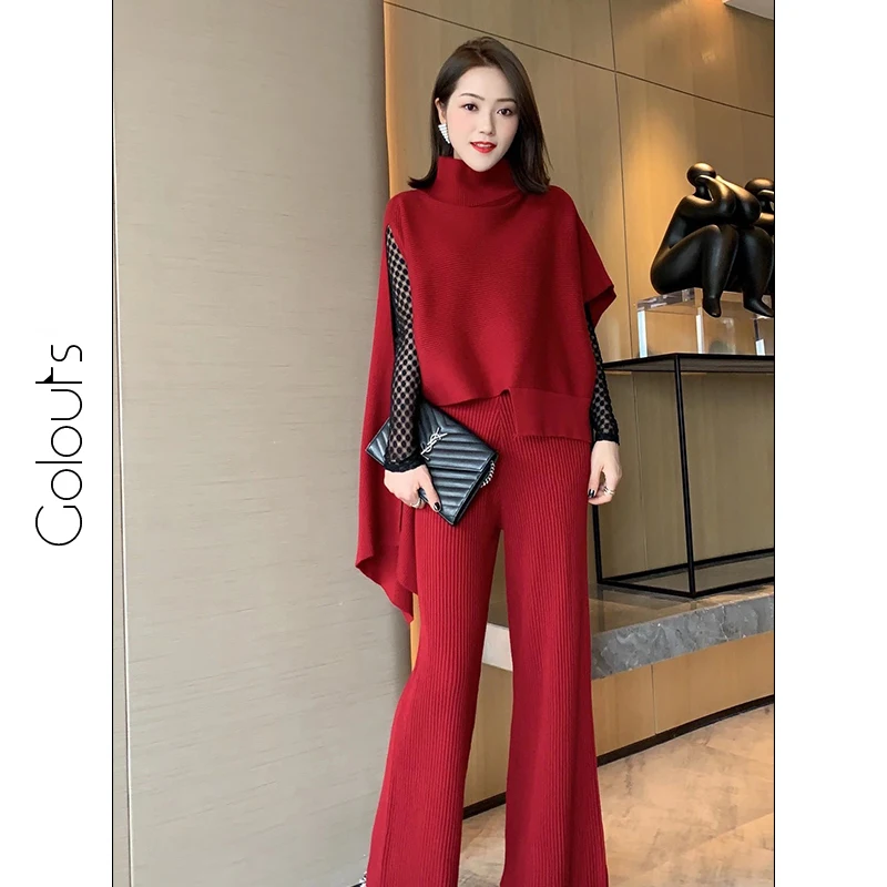 

New Stylish Women Fashion Turtleneck sweater irregular style wide leg pants outfits S023