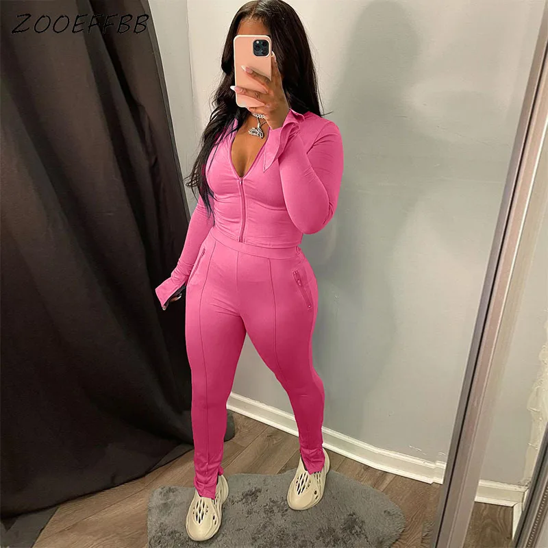 

Женский спортивный костюм ZOOEFFBB, комплект из 2-х предметов, укороченный Топ с длинным рукавом и спортивные брюки на молнии, осенняя одежда, эк...