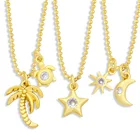 Ожерелье FLOLA цепочка с золотой бусиной Moon and Star, медный циркон, белый камень, черепаха, кокосовое дерево, подвеска для девочек, ювелирные изделия nkez22