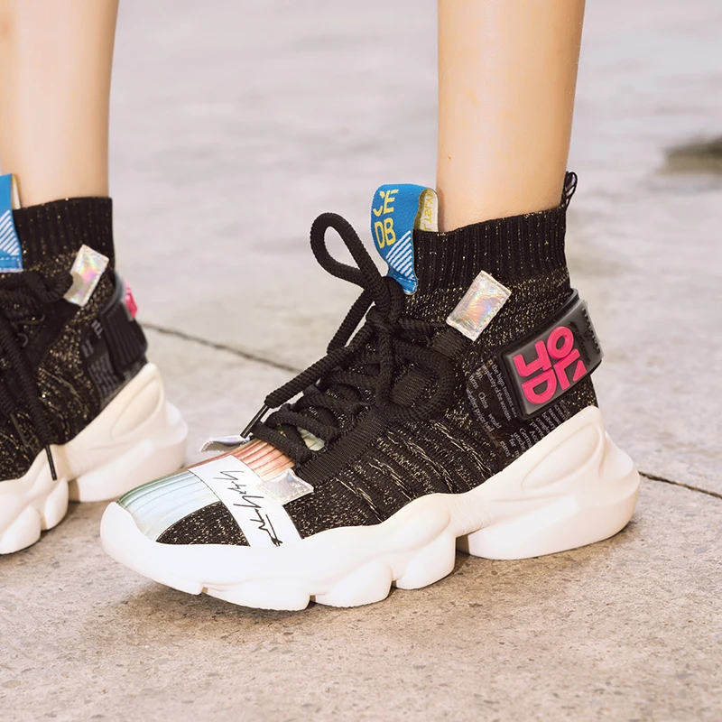 IGU/женские кроссовки; обувь на плоской платформе; tenis feminino; эластичные носки; флуоресцентная обувь с высоким берцем; женская обувь; большие размеры 41, 42